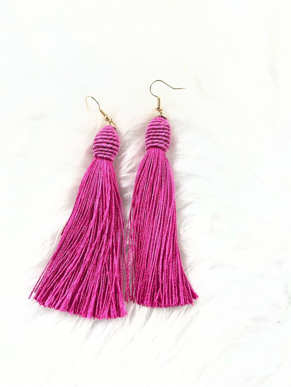 Bold Fuchsia Tassel Drop Earrings with Gold Hooks